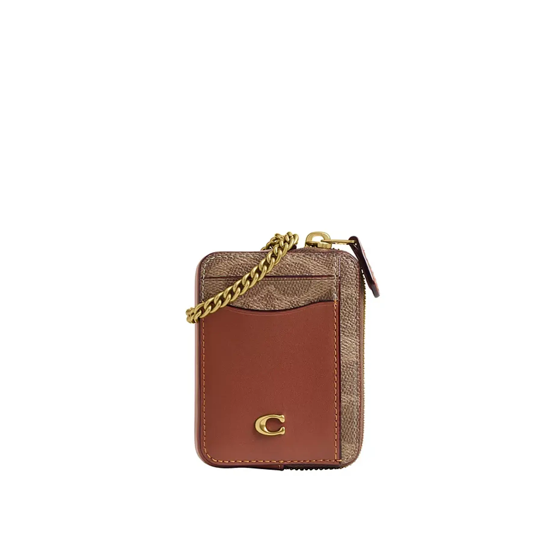 COACH Essential Signature Canvas Chain Card Case Brass/Tan Caramel