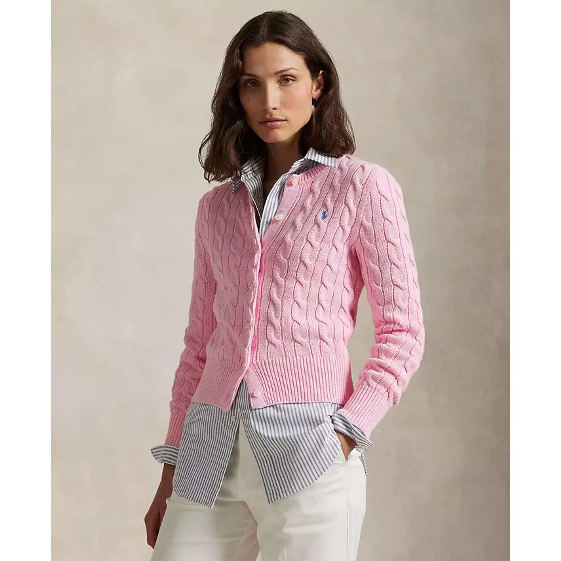 Women's Cable-Knit Cotton Crewneck Cardigan Sweater Pink