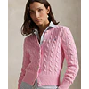Women's Cable-Knit Cotton Crewneck Cardigan Sweater Pink