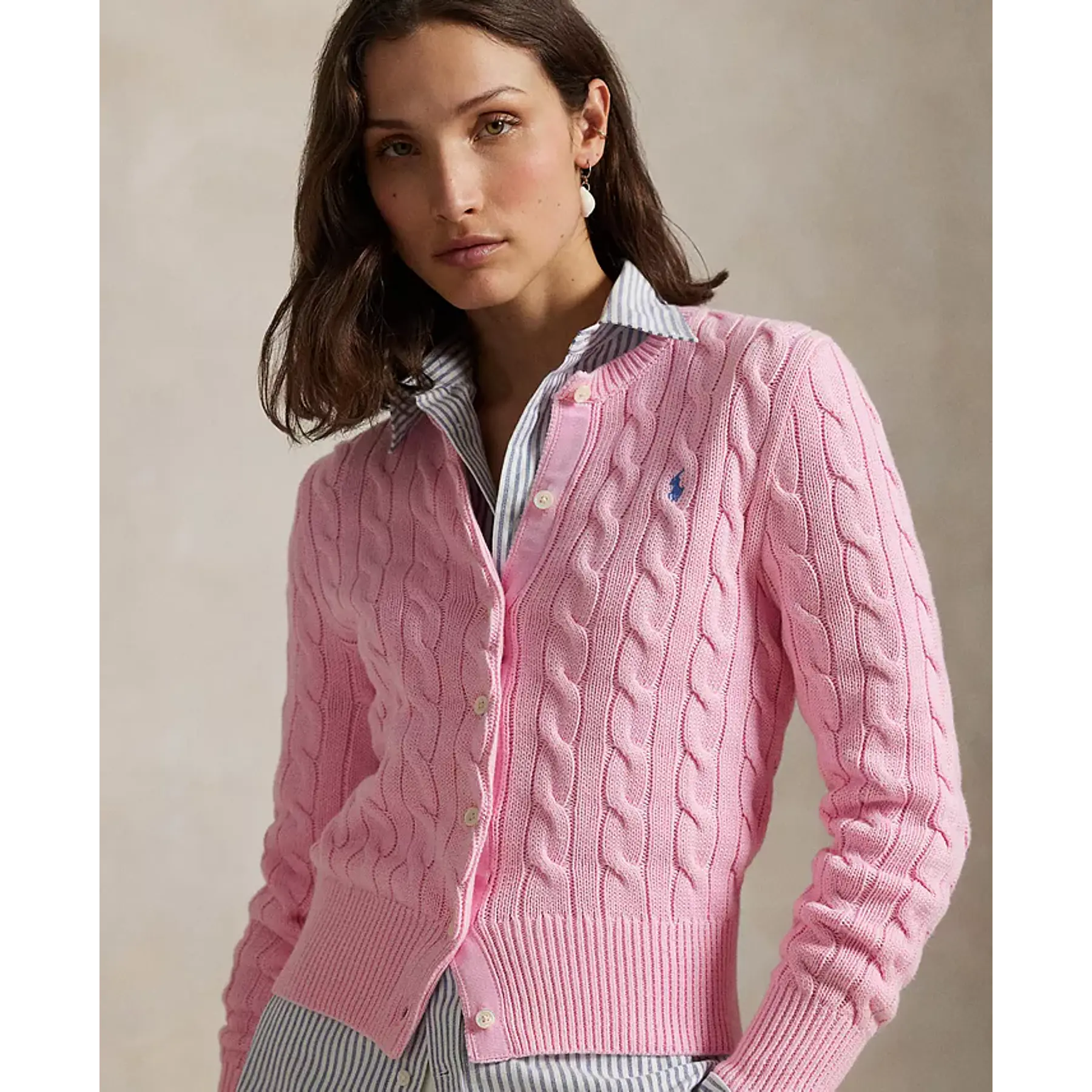 Women's Cable-Knit Cotton Crewneck Cardigan Sweater Pink