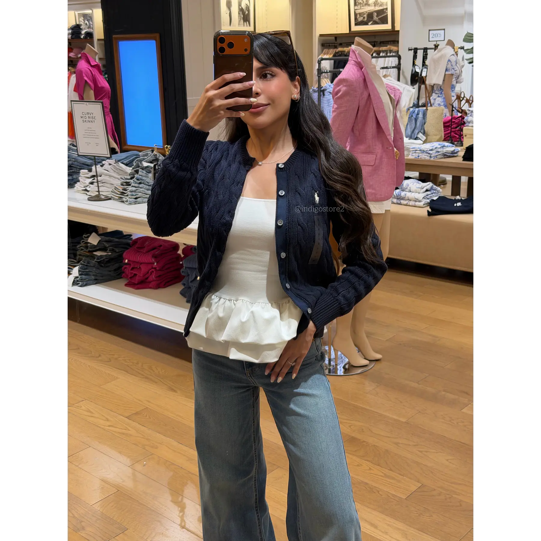 Women's Cable-Knit Cotton Crewneck Cardigan Sweater Navy