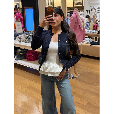 Women's Cable-Knit Cotton Crewneck Cardigan Sweater Navy