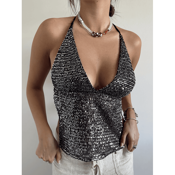 Top Biella Lentejuelas Black Silver