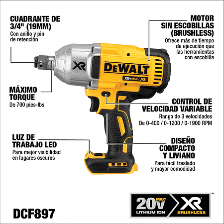 Llave de Impacto Inalámbrica de 1/2” (13mm) con Pin de Retención de 20V  MAX* (Solamente Herramienta)