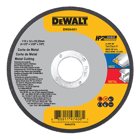 DISCO CORTE METAL INOX 4-1/2"x1 MM INDUSTRIAL DW84401 DEWALT