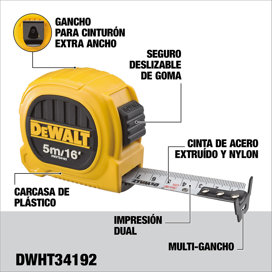 HUINCHA DE MEDIR 5m/16' DISEÑO COMPACTO DWHT34192L DEWALT