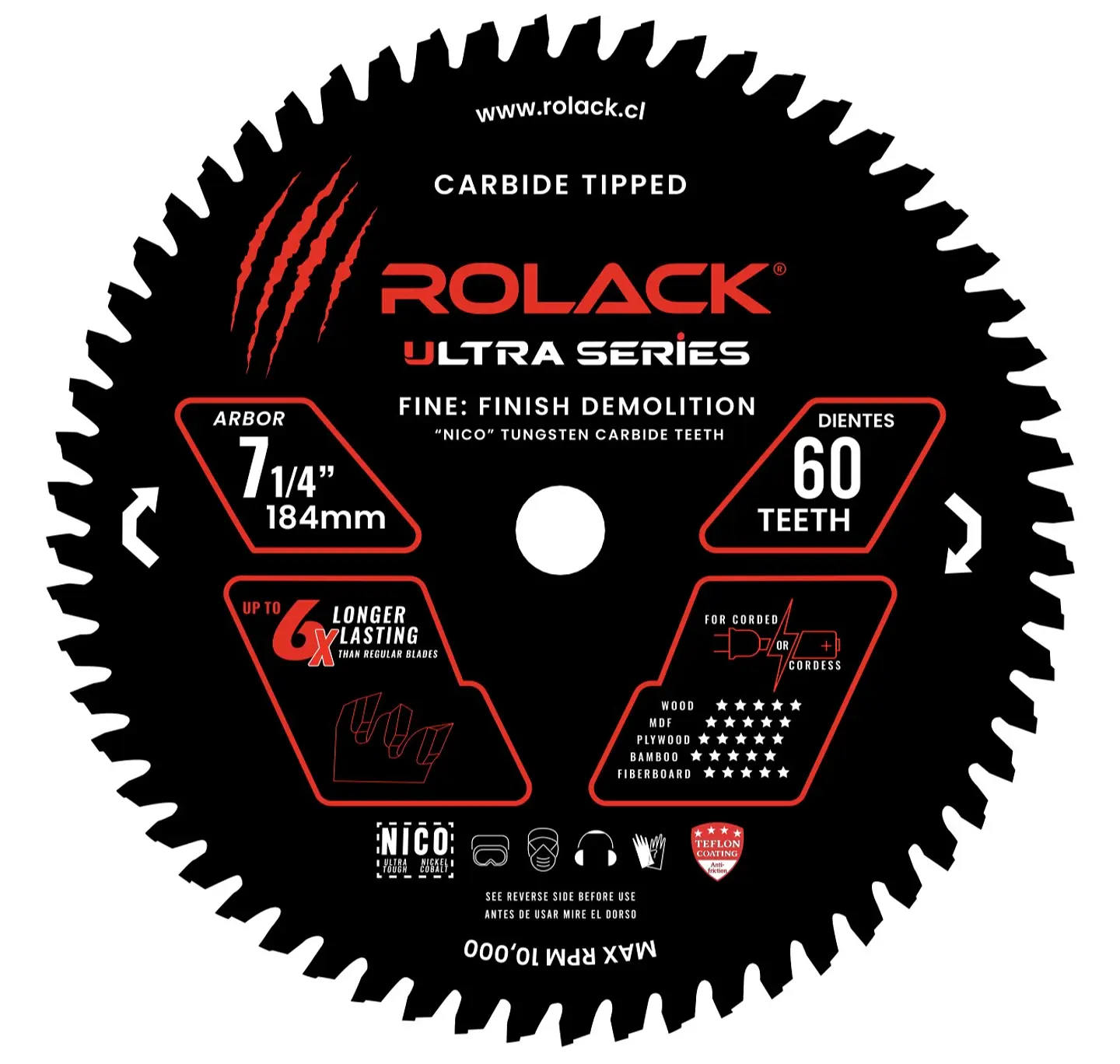DISCO SIERRA MADERA ULTRA 7-1/4 60 DIENTES RCK0714060 ROLACK 3