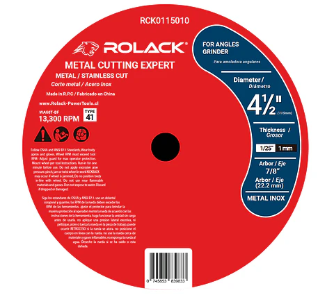 DISCO CORTE METAL INOX 4-1/2 x 1 mm ROLACK ( CAJAS 50 UNI )