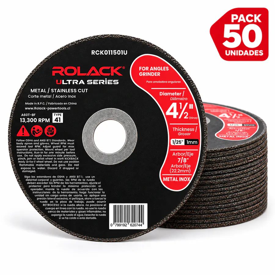 DISCOS DE CORTE ROLACK 4½” × 1,0 MM — METAL INOX (PACK DE 50 UNI) ROLACK