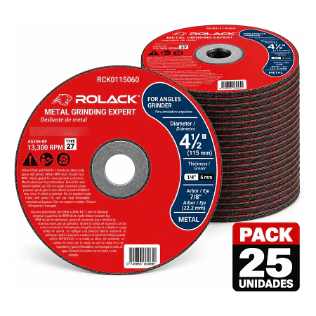 DISCO DESBASTE METAL 4-1/2" 6MM ROLACK (PACK 25 UNI)