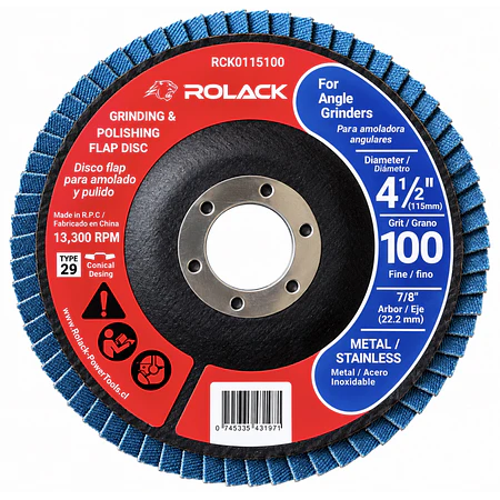 DISCO FLAP ROLACK 4½” GRANO 100 PARA METAL E INOX – CAJA 10 UNIDADES