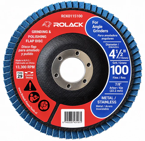 DISCO FLAP ROLACK 4½” GRANO 100 PARA METAL E INOX – CAJA 10 UNIDADES