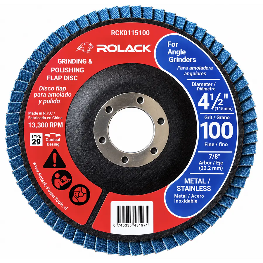 DISCO FLAP ROLACK 4½” GRANO 100 PARA METAL E INOX – CAJA 10 UNIDADES