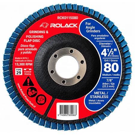 DISCO FLAP ROLACK 4½” GRANO 80 PARA METAL E INOX – CAJA 10 UNIDADES
