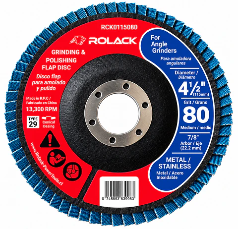 DISCO FLAP ROLACK 4½” GRANO 80 PARA METAL E INOX – CAJA 10 UNIDADES