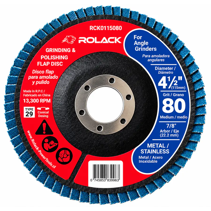 DISCO FLAP ROLACK 4½” GRANO 80 PARA METAL E INOX – CAJA 10 UNIDADES