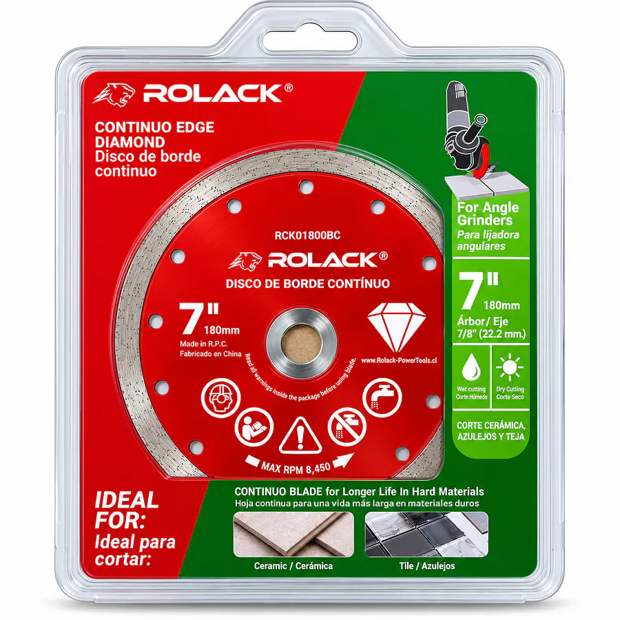 DISCO DIAMANTADO BORDE CONTINUO ROLACK 7” (180 MM) – BORDE DE 10 MM PARA CERÁMICA Y AZULEJOS