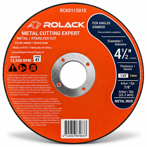 DISCOS DE CORTE PARA METAL Y ACERO INOXIDABLE ROLACK 4½” x 1,0 MM – TYPE 41 ( CAJAS 50 UNI )