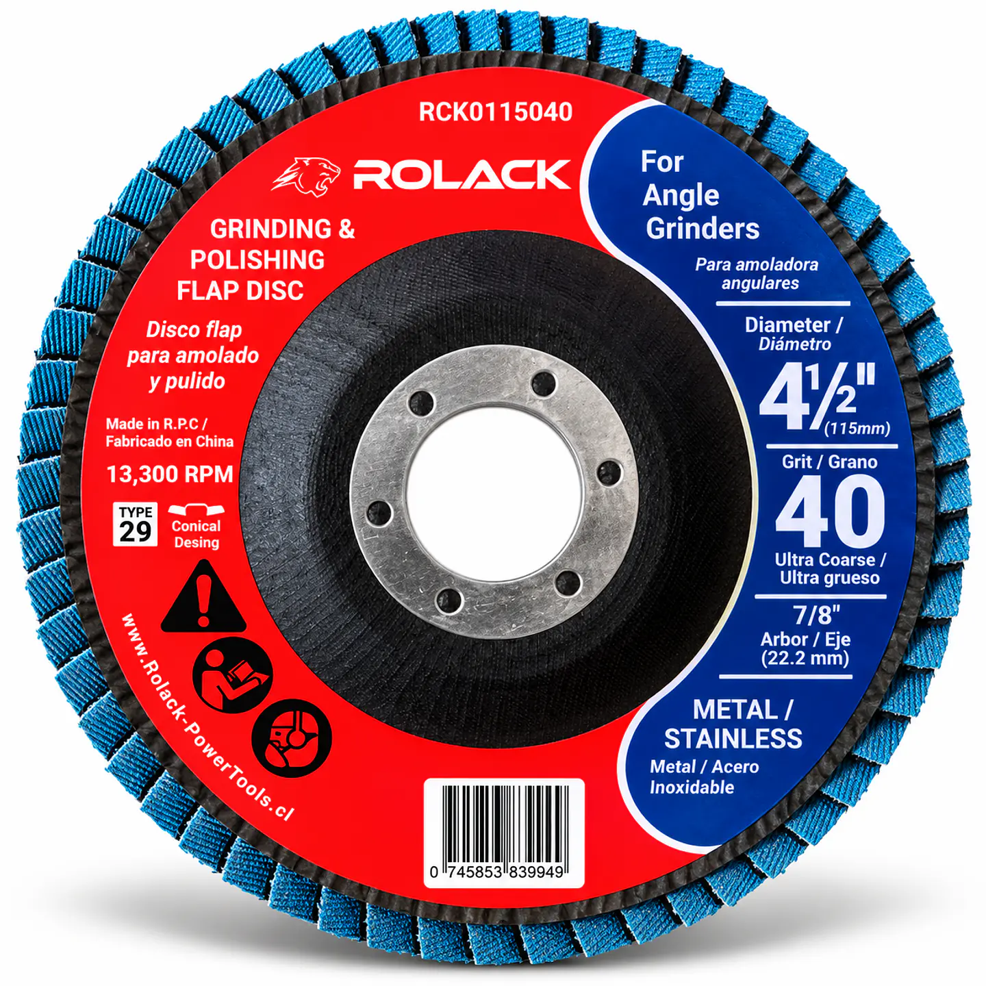 DISCO FLAP ROLACK 4½” GRANO 40 PARA METAL E INOX – CAJA 10 UNIDADES 2