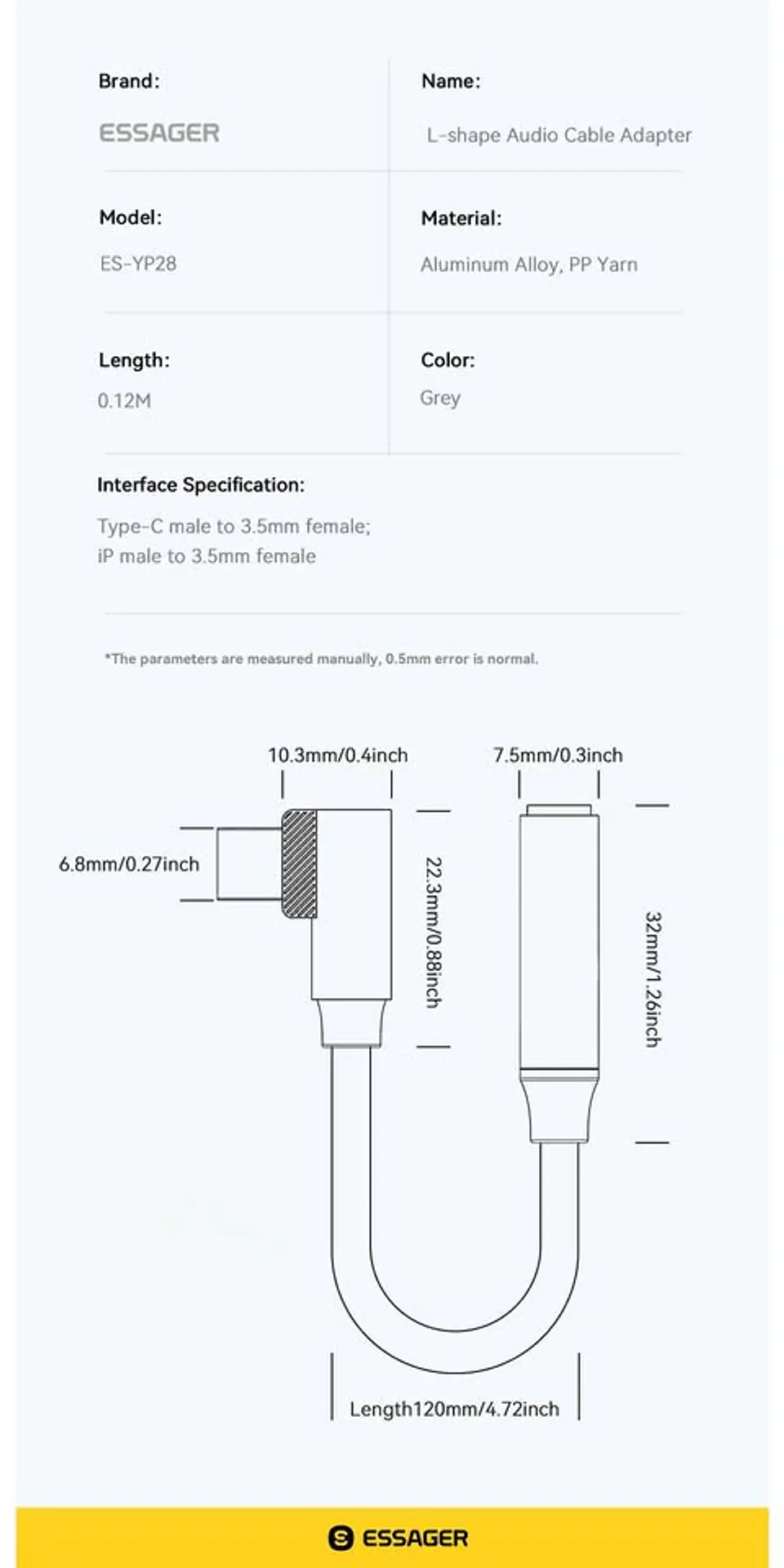 Cable Adaptador Horizontal Essager Jack 3.5mm Usb-c 2