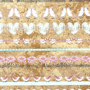 Tecido Vintage Com Corações E Pássaros 