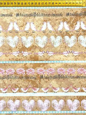 Tecido Vintage Com Corações E Pássaros 