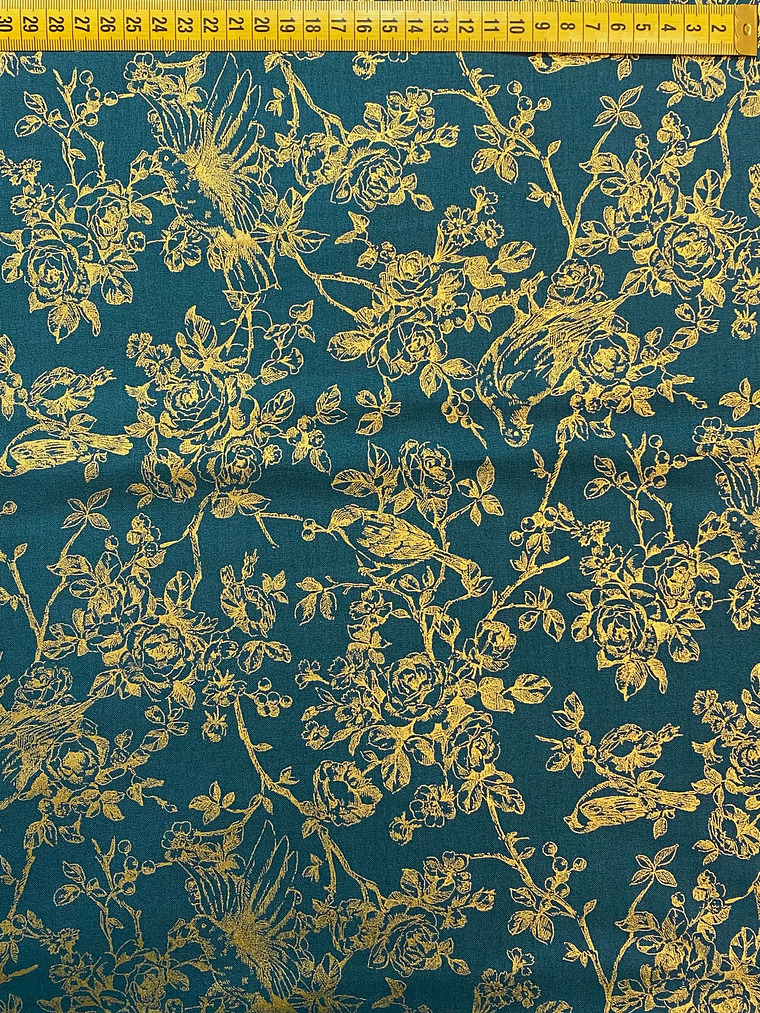 Tecido Azul Turquesa Com Flores Douradas 1