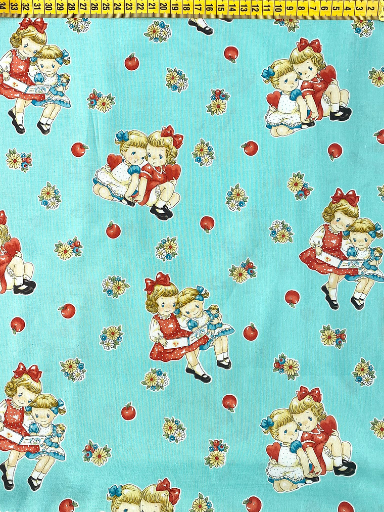 Tecido Azul Com Bonequinhas  1
