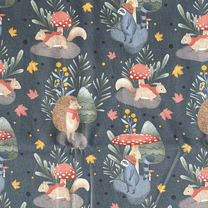 Tecido Com Animais Do Bosque Fundo Cinza 