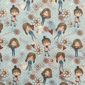 Tecido Com Bonecas E Flores Fundo Azul 