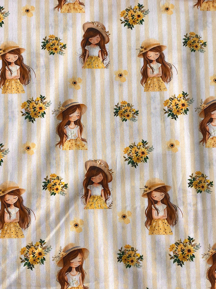 Tecido com bonequinhas em tons pasteis 1