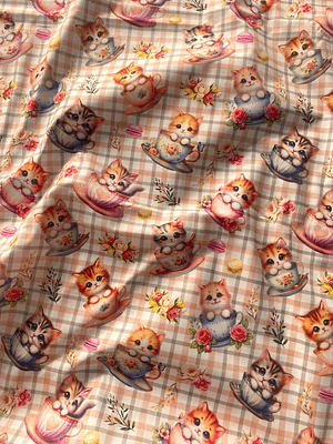 Tecido com gatinhos em chávenas 