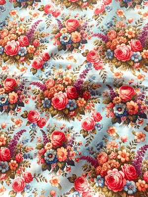 Tecido floral com fundo azul bebé