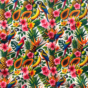 Tecido com papagaios e papaia 