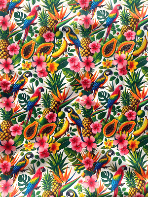 Tecido com papagaios e papaia 