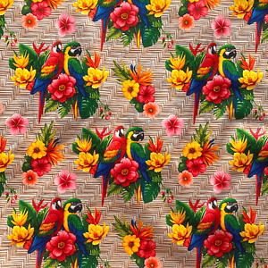 Tecido floral com papagaios e fundo de madeira 