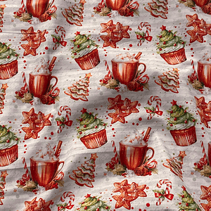 Tecido com cupcake e chocolate quente 