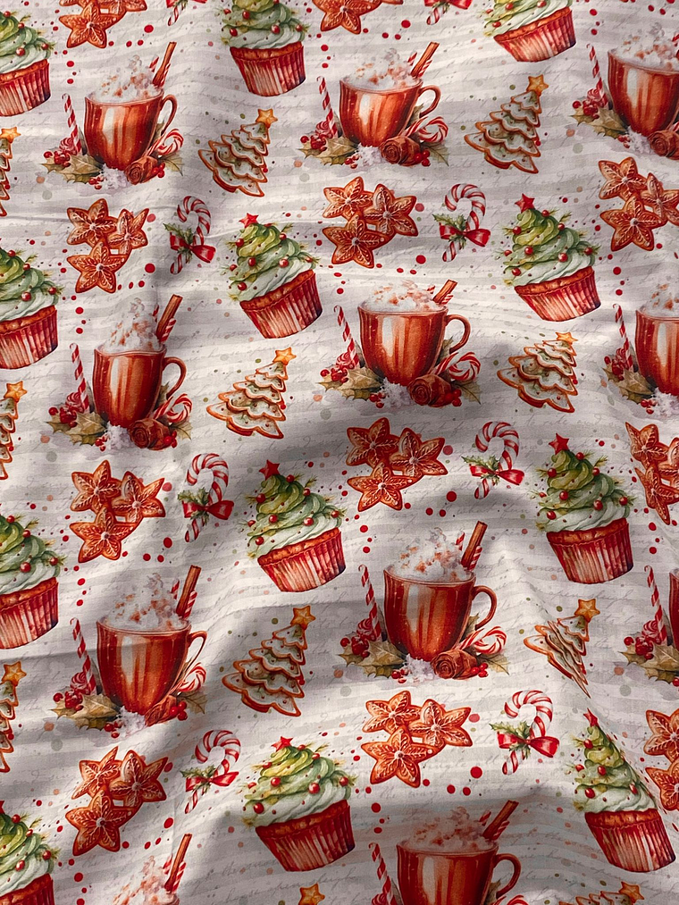 Tecido com cupcake e chocolate quente  1