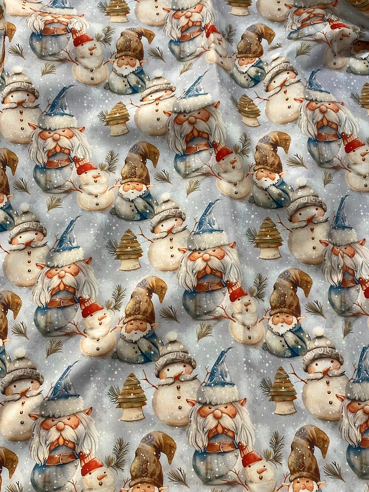 Tecido com gnomos e fundo azul 1