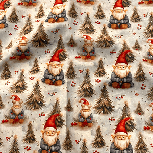 Tecido com árvore de natal e gnomos 
