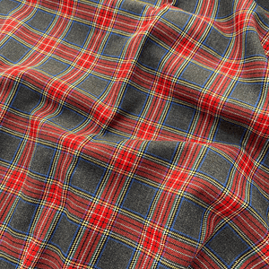 Tecido xadrez com fundo cinzento e listras vermelhas 