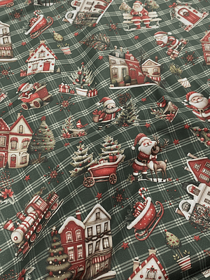 Tecido com trenós e fundo verde 