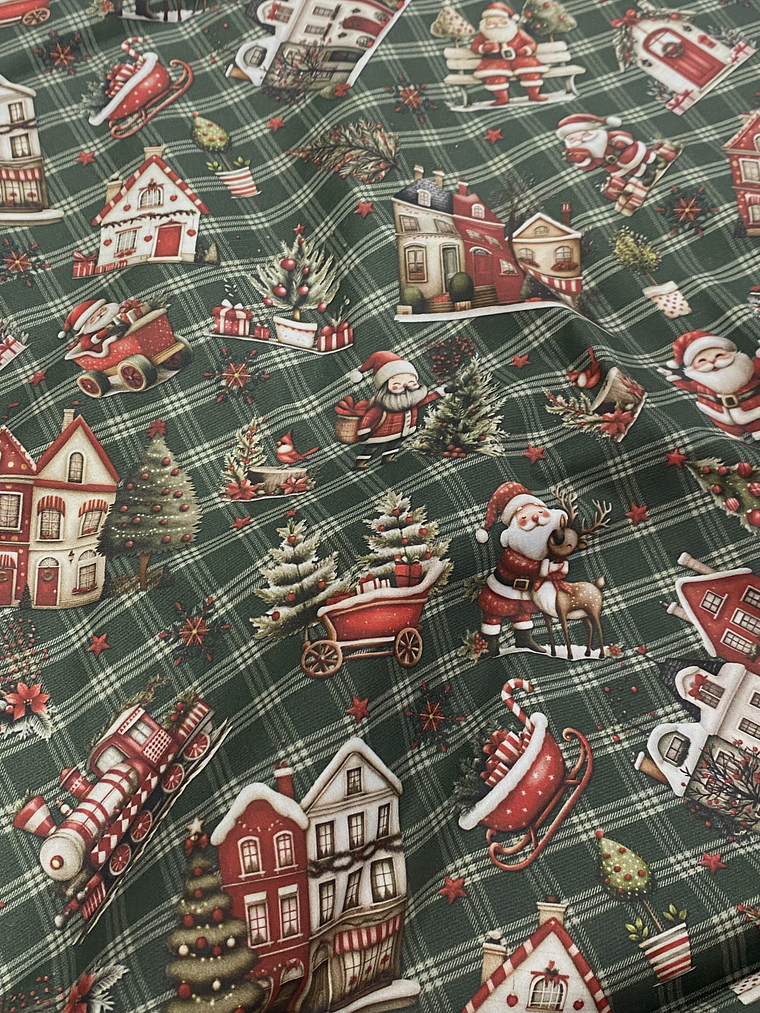 Tecido com trenós e fundo verde  1