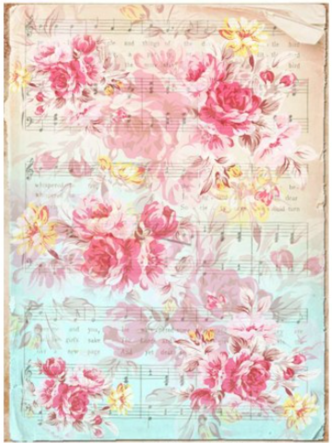 Papel de Arroz Japonés SOFT A3 rosas com pautas de musica  1