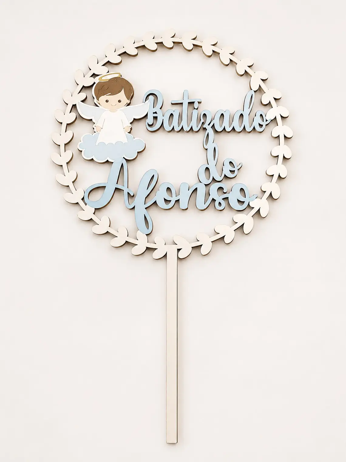 Topo de bolo batizado mdf branco com anjinho 1