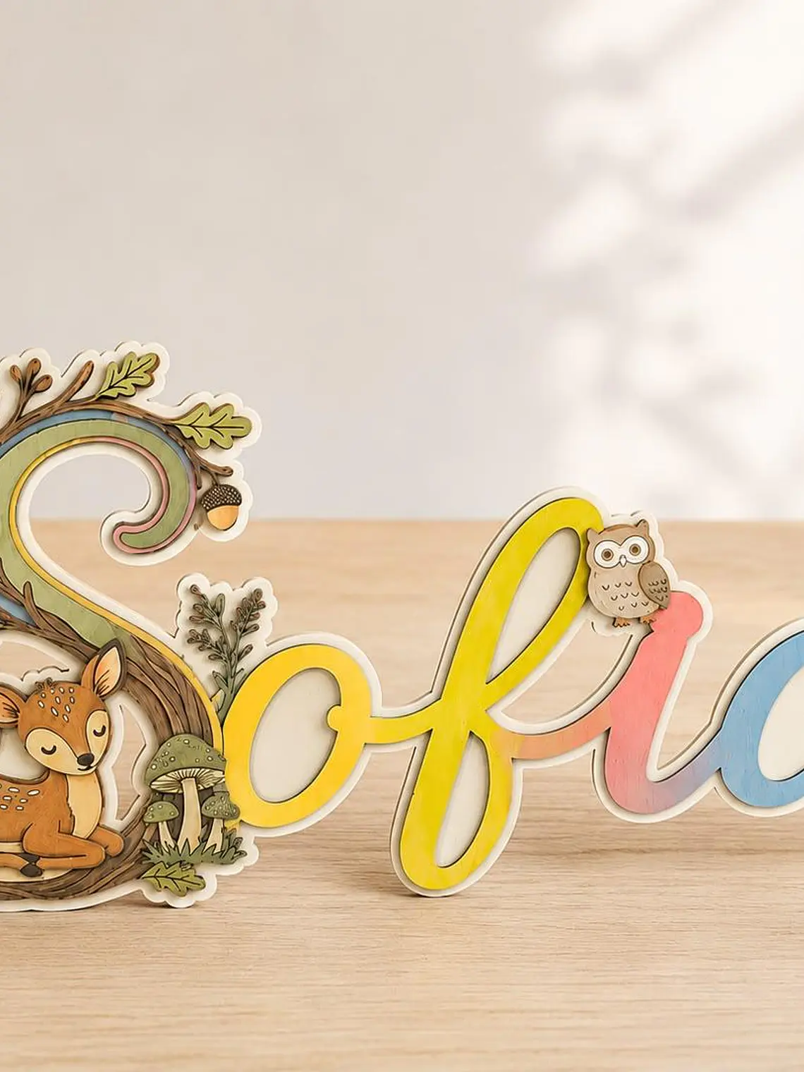 Nome em madeira pintado com animais do bosque  1