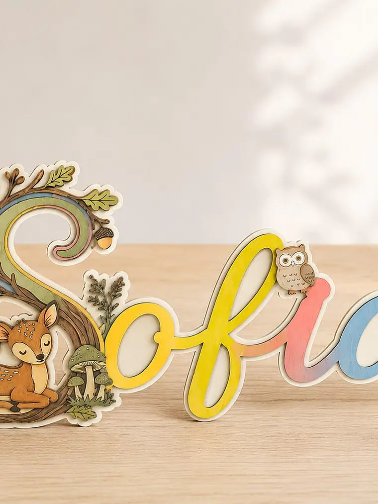 Nome em madeira pintado com animais do bosque  1