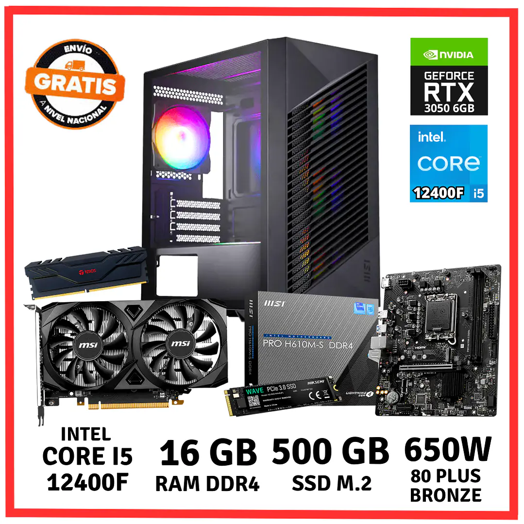 PC GAMER INTEL CORE I5 12400F/ 16GB DDR4/ 500GB/ RTX 3050 1