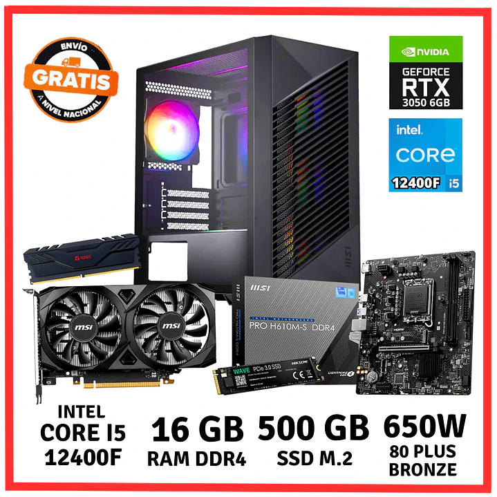 PC GAMER INTEL CORE I5 12400F/ 16GB DDR4/ 500GB/ RTX 3050 1