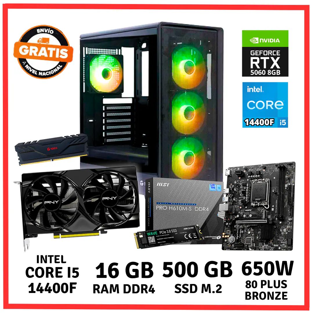 PC GAMER INTEL CORE I5 14400F/ 16GB DDR4/ 500GB/ RTX-5060 1